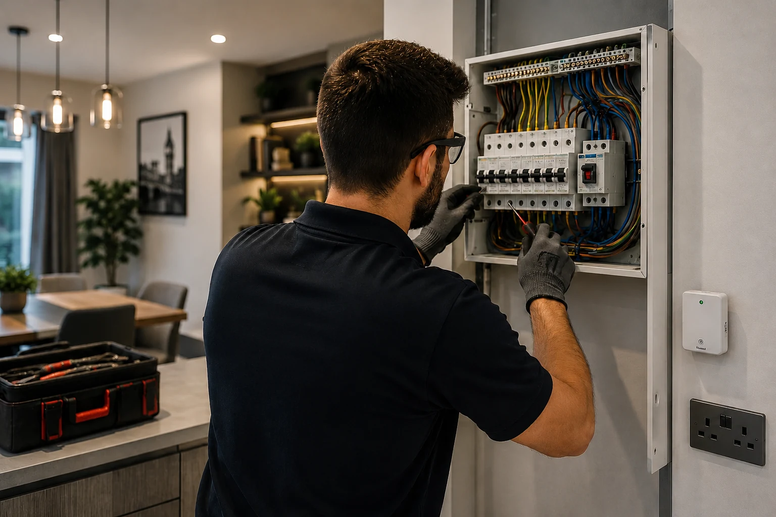 Electrician carrying out electrical work in a London home